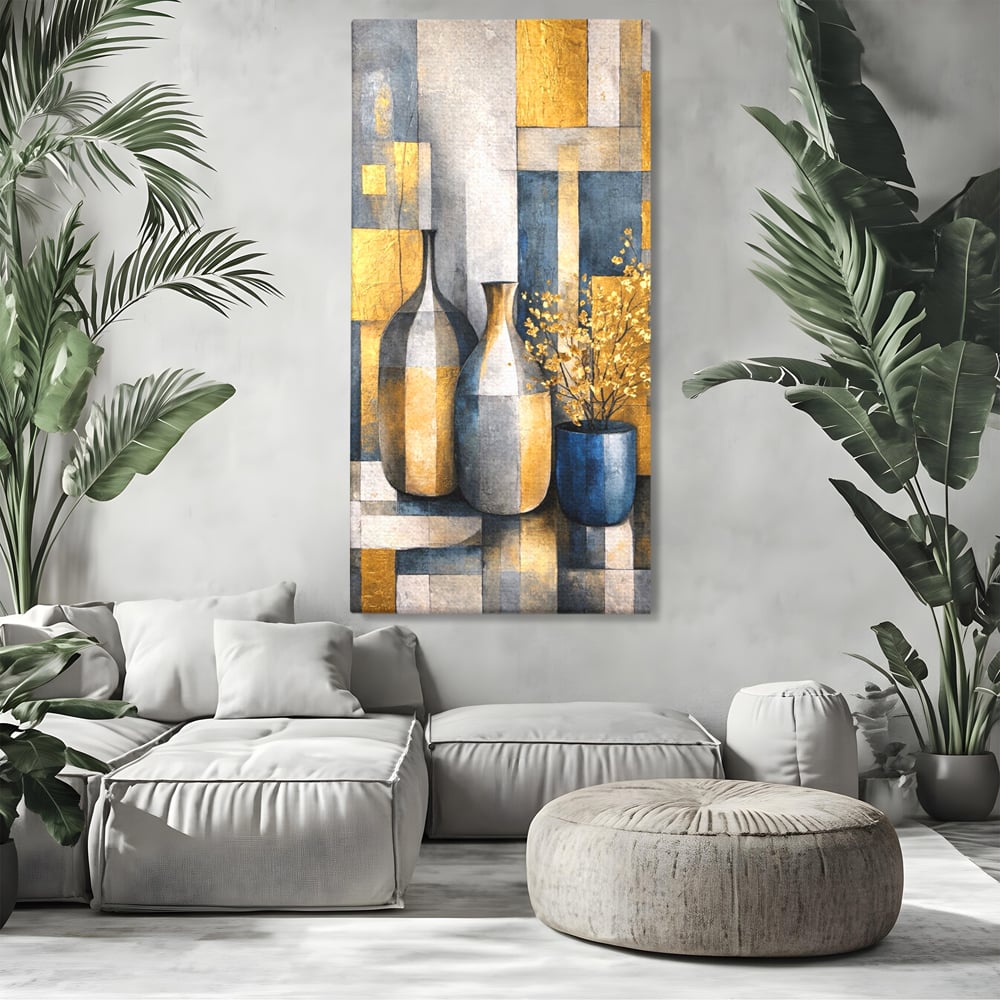 Tablou canvas cu pictura abstracta cu vaze si flori aurite, fara rama, pe sasiu de lemn, pe perete intr-un living